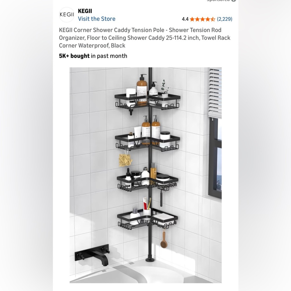 Kegii corner tension shower rod and shelves